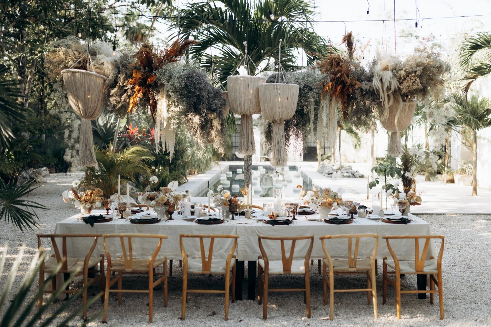 Bespoke wedding table setting and lighting design at a private estate in Mexico