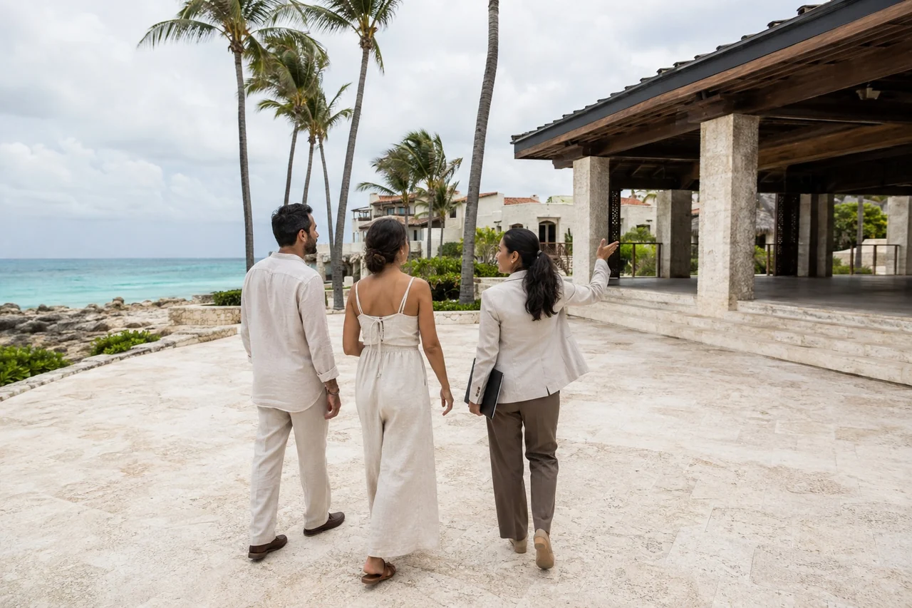 Couple touring an oceanfront wedding terrace and covered reception space with a destination wedding planner