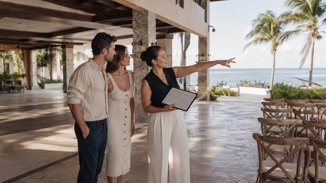 Destination wedding planner showing an engaged couple the ceremony and reception flow during an oceanfront resort venue tour