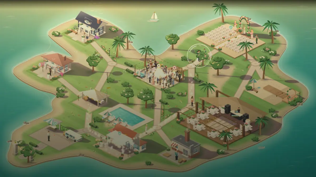 An isometric resort island at golden hour in the VIA Wedding Day Planner, with a beach ceremony, a rooftop cocktail terrace and a glass reception pavilion.
