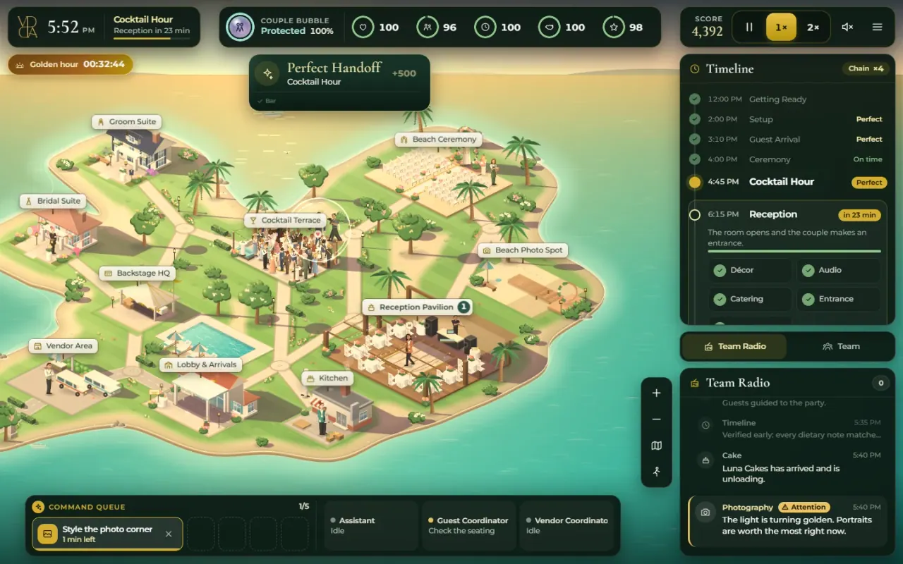 The game on a desktop: an isometric resort island at golden hour with the timeline and team radio on the right and the command queue below.