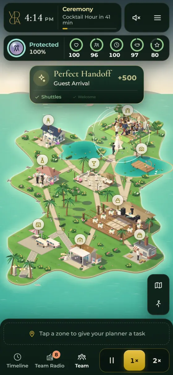 The same wedding on a phone: the venue fills the screen, with the time controls within thumb reach.