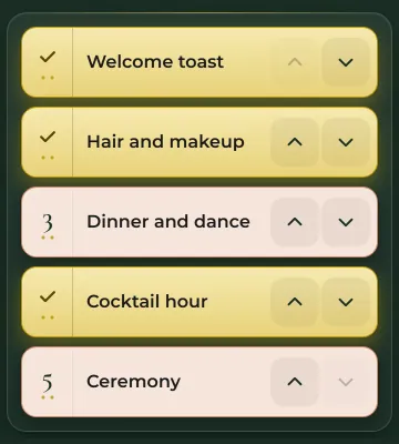 Run of show mini-game: five moments of the weekend being put in order.