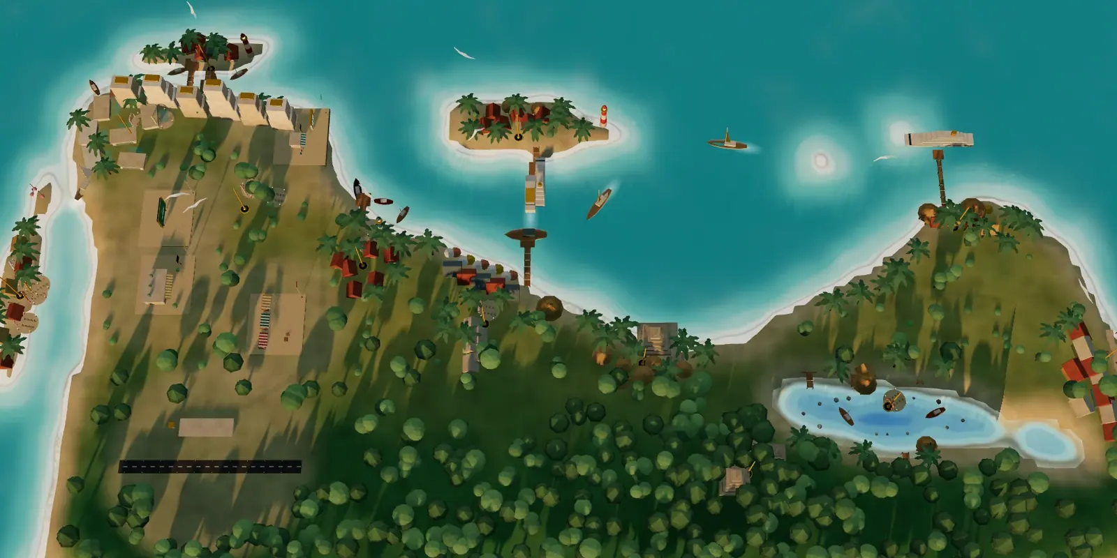 The game's 3D map of the Mexican Caribbean coast: hotel zones, islands, a cenote lagoon and jungle, seen from above.