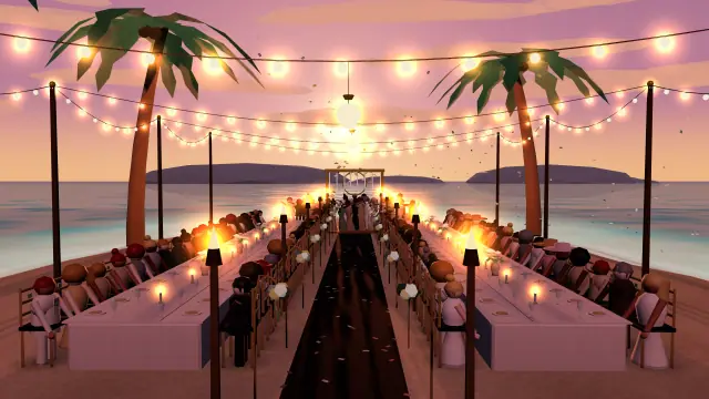 A candlelit sandbar dinner at sunset.