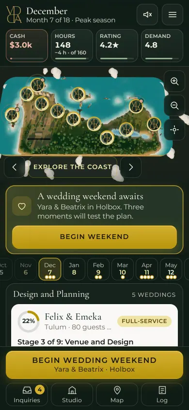 The game's Planner's Board on a phone: a 3D map of the coast, the month timeline and the active weddings.