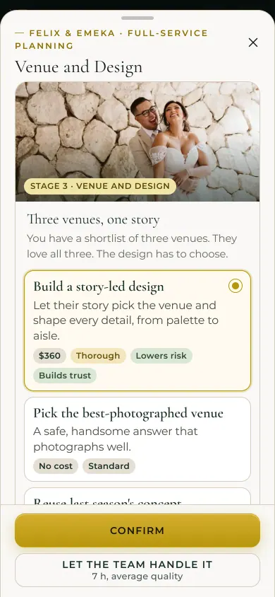 A decision card for venue and design with three options, each with cost, risk and thread effects.